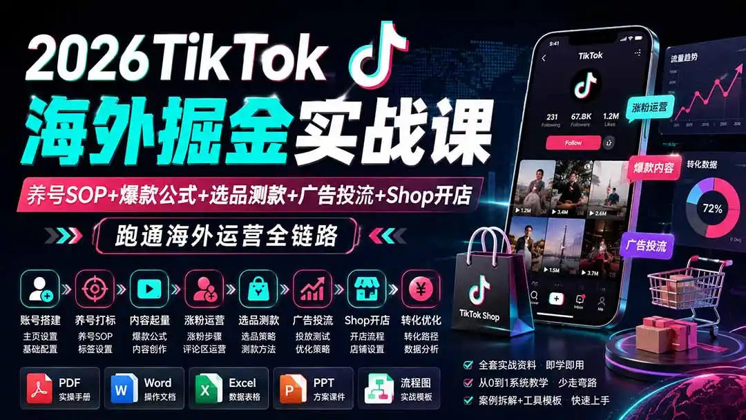 2026TikTok海外掘金实战课——养号SOP+爆款公式+选品测款+广告投流+Shop开店,跑通海外运营全链路