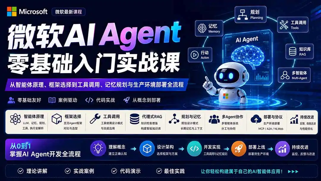 微软AI Agent零基础入门实战课:从智能体原理、框架选择到工具调用、记忆规划与生产环境部署全流程