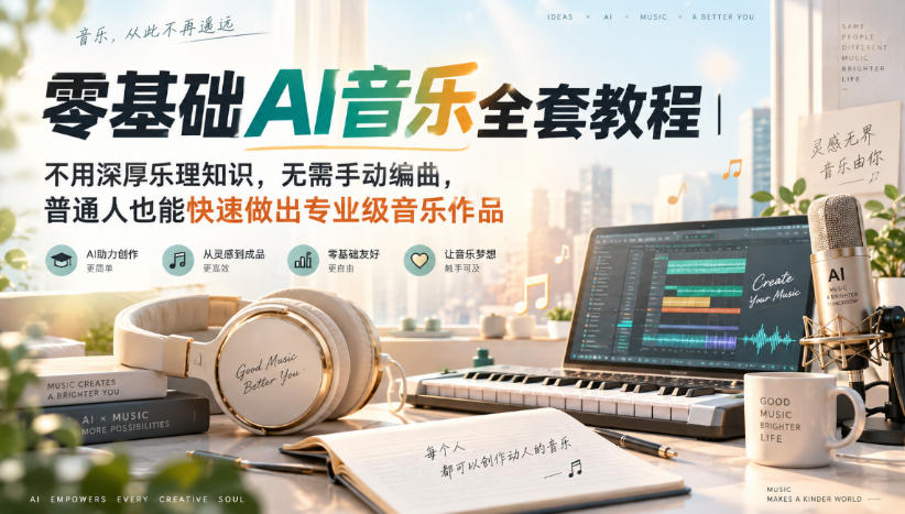 零基础AI音乐全套教程｜不用深厚乐理知识，无需手动编曲，普通人也能快速做出专业级音乐作品