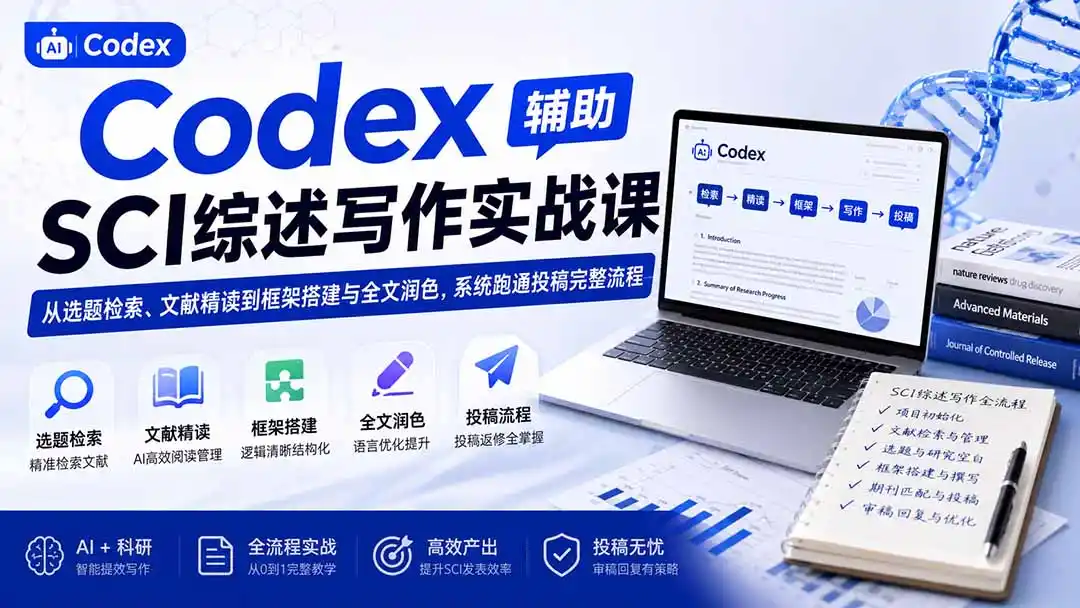 Codex辅助SCI综述写作实战课——从选题检索、文献精读到框架搭建与全文润色,系统跑通投稿完整流程