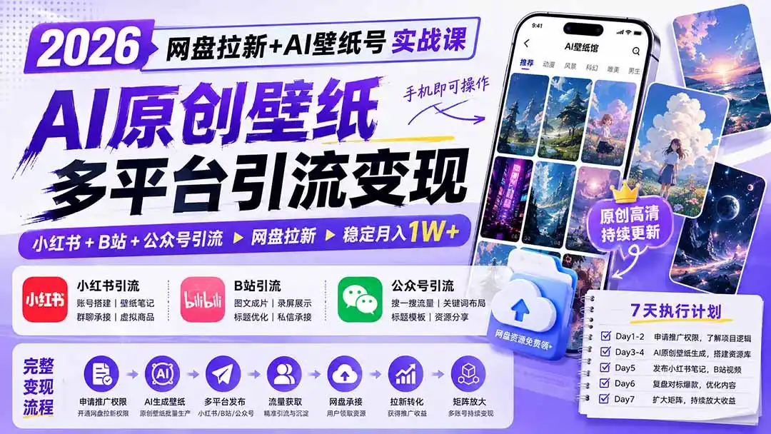 2026网盘拉新+AI壁纸号实战课：AI原创壁纸+小红书+B站+公众号引流，手机即可操作，月入1W+